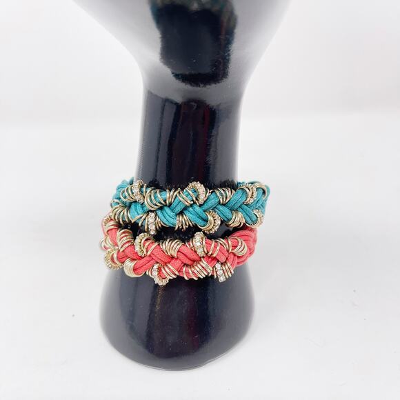 Boutique Set of 2 Braided Embellished Bracelets Teal Red Gold Tone Rhinestones - Picture 7 of 11